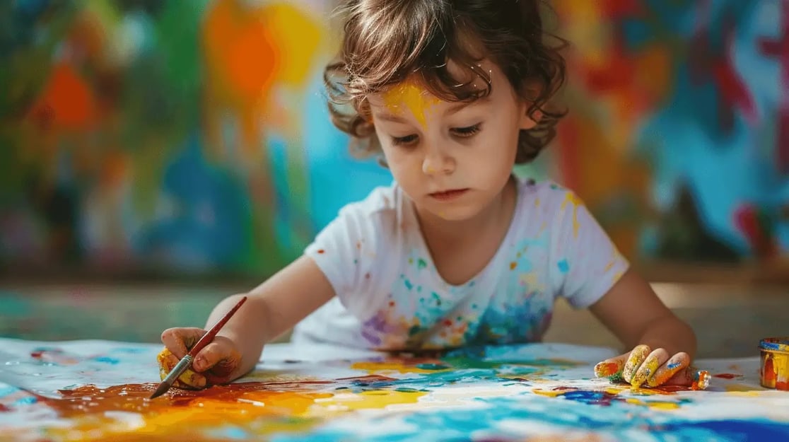 A young child works on a fingerpainting, with paint splattered on his cheeks and shirt